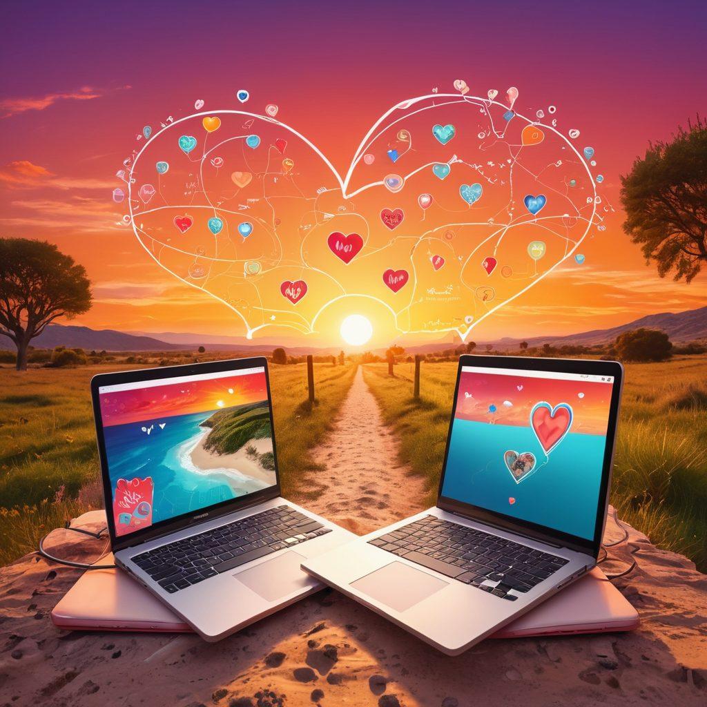 A whimsical, illustrated map featuring various paths leading to heart-shaped destinations, with virtual dating icons like laptops, hearts, and chat bubbles scattered throughout. The background should show a vibrant sunset, signifying romantic possibilities, with warm, inviting colors. Include playful characters engaging in virtual dates, enhancing the theme of connection and love in the digital age. digital art. vibrant colors. whimsical style.