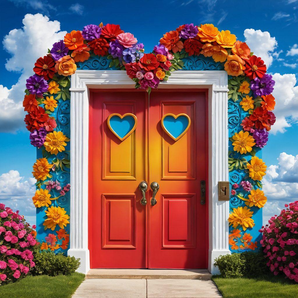A heart-shaped key unlocking a vibrant, colorful door adorned with intertwining floral patterns, symbolizing joyful connections. Surrounding the door are diverse couples laughing and holding hands, showcasing successful matchmaking. The background features a bright sky and whimsical clouds, evoking a warm, inviting atmosphere. super-realistic. vibrant colors. 3D.