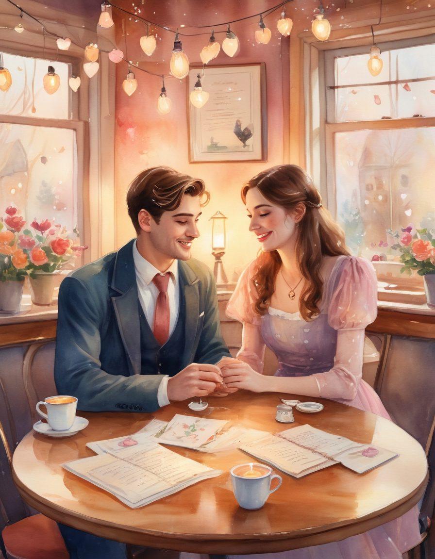 A whimsical scene depicting a cozy, candlelit café where a skilled matchmaker, dressed in vintage attire, facilitates a loving connection between two people at a table, surrounded by floating hearts and soft, romantic lighting. Include elements like a love letter, coffee cups, and a charming backdrop of twinkling fairy lights. watercolor style. warm colors. soft focus.
